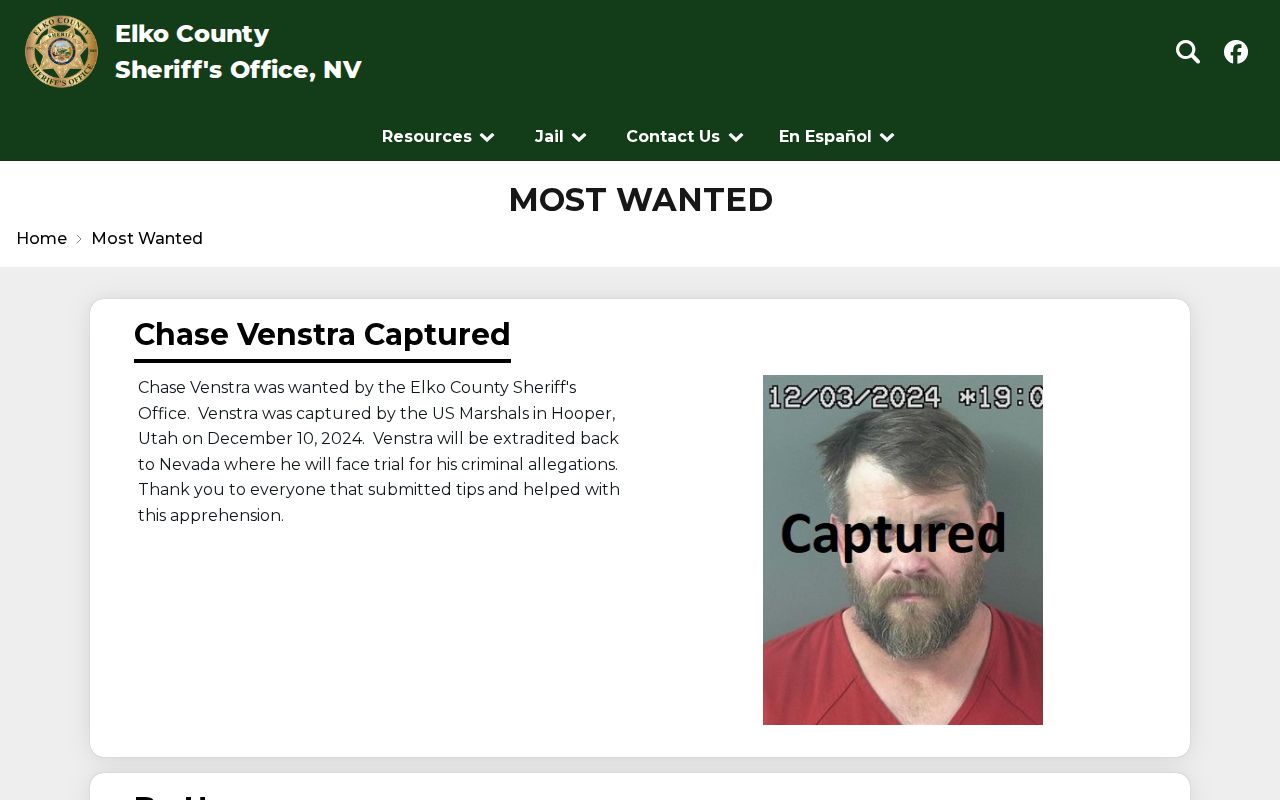 Elko County Sheriff Most Wanted page compared with arrest booking logs