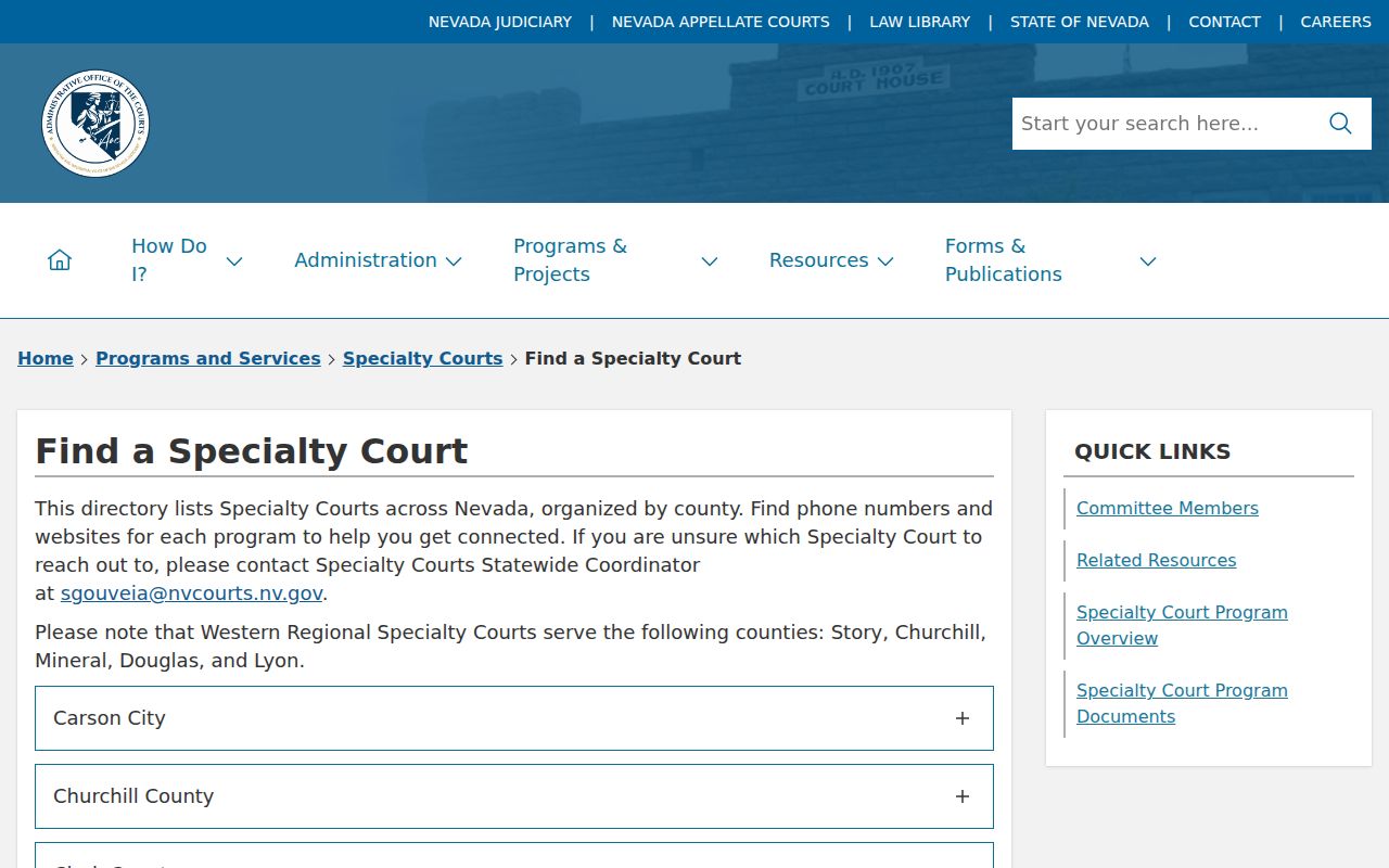 Nevada specialty court directory for Elko County case records